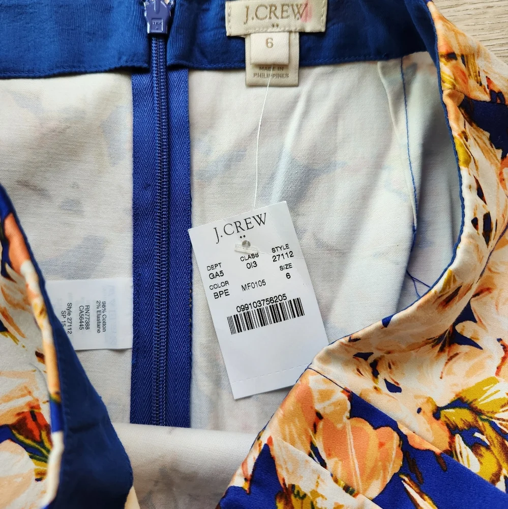 J. Crew Orange Blue Floral Skirt Womens 6 Cotton Business Casual Nwt